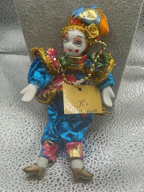 Vintage K's Collection Glass Gold, Blue, Orange and Pink Clown Doll